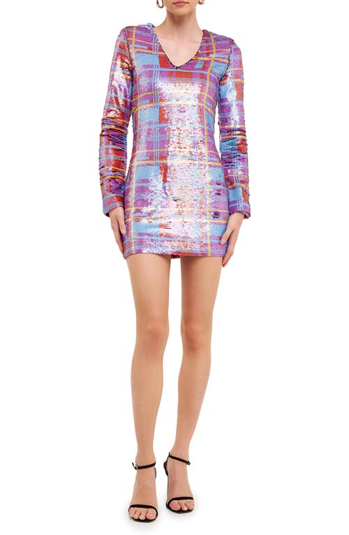 Shop Endless Rose Check Pattern Sequin Long Sleeve Dress In Purple/blue Multi