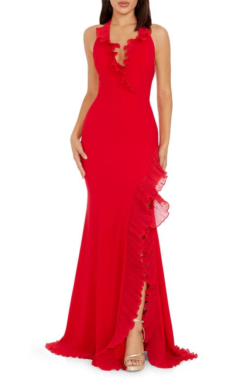 Dress the Population Kathleen Ruffle Halter Gown with Train Rouge at Nordstrom,