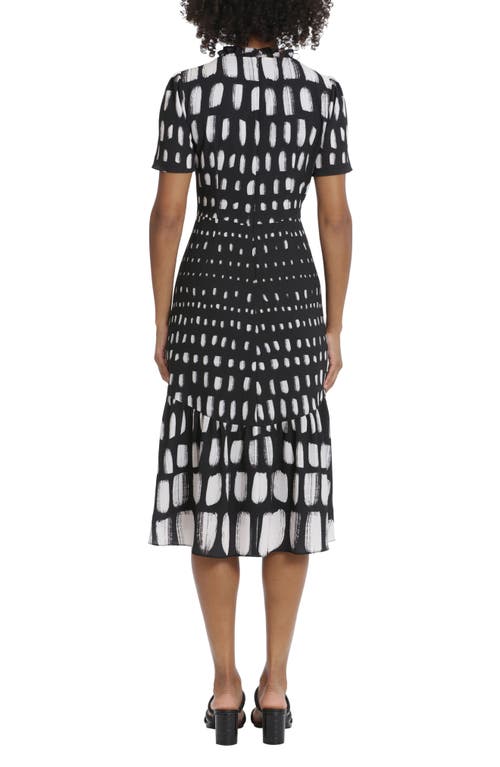 Shop Maggy London Abstract Print Tiered Midi Dress In Black/ivory/gray