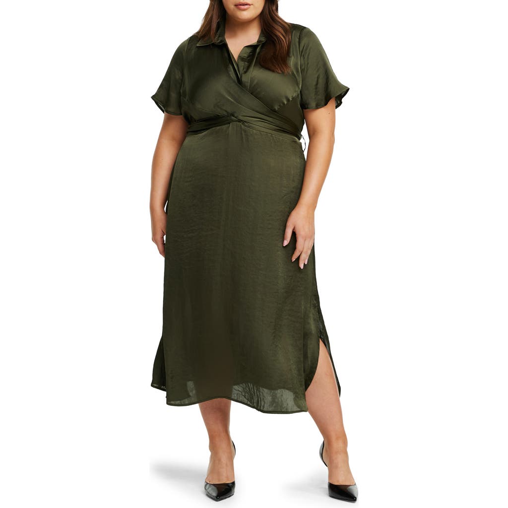 Shop Estelle Oasis Tie Back Satin Midi Dress In Olive