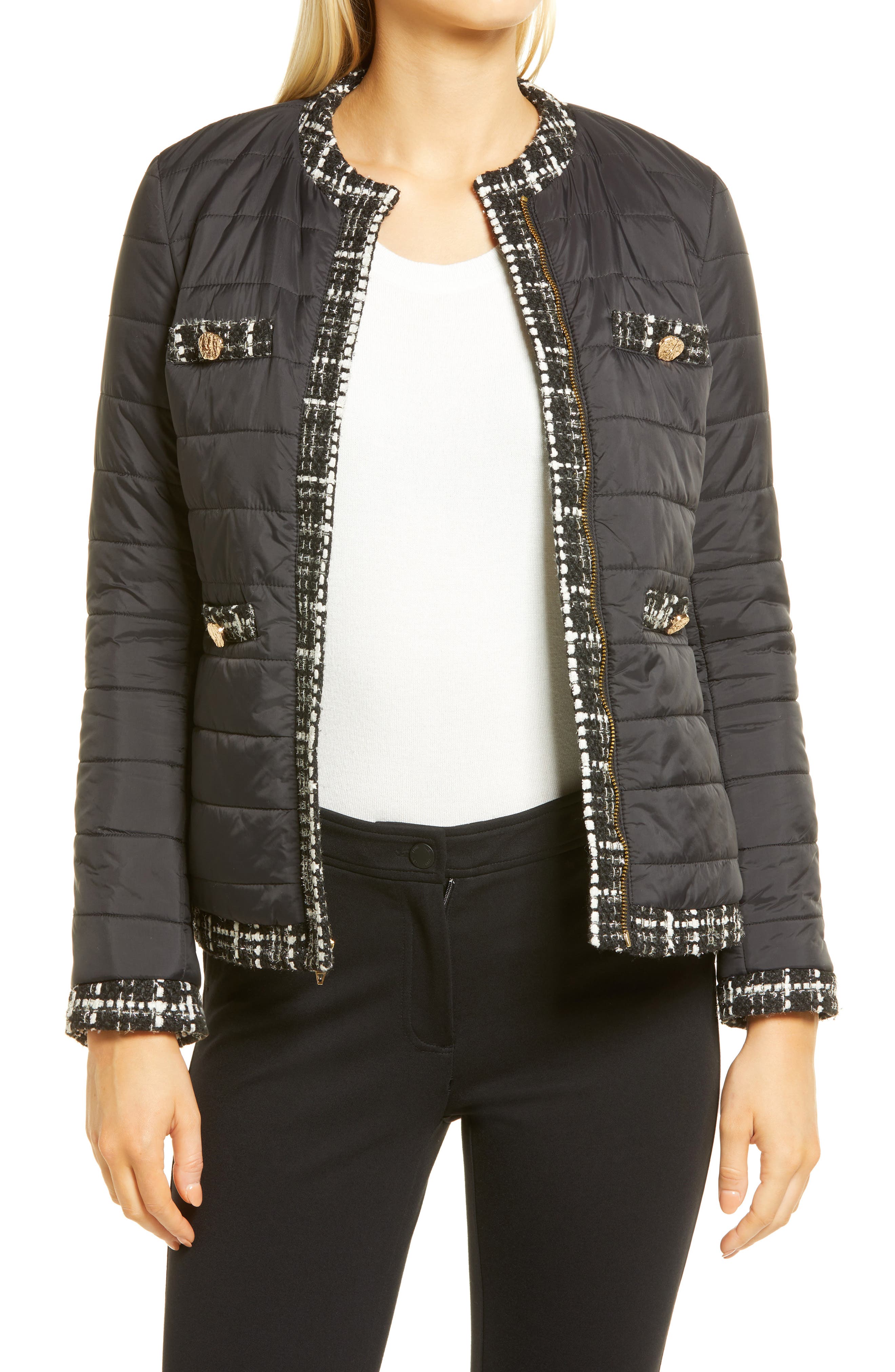 anne klein tweed trim puffer jacket