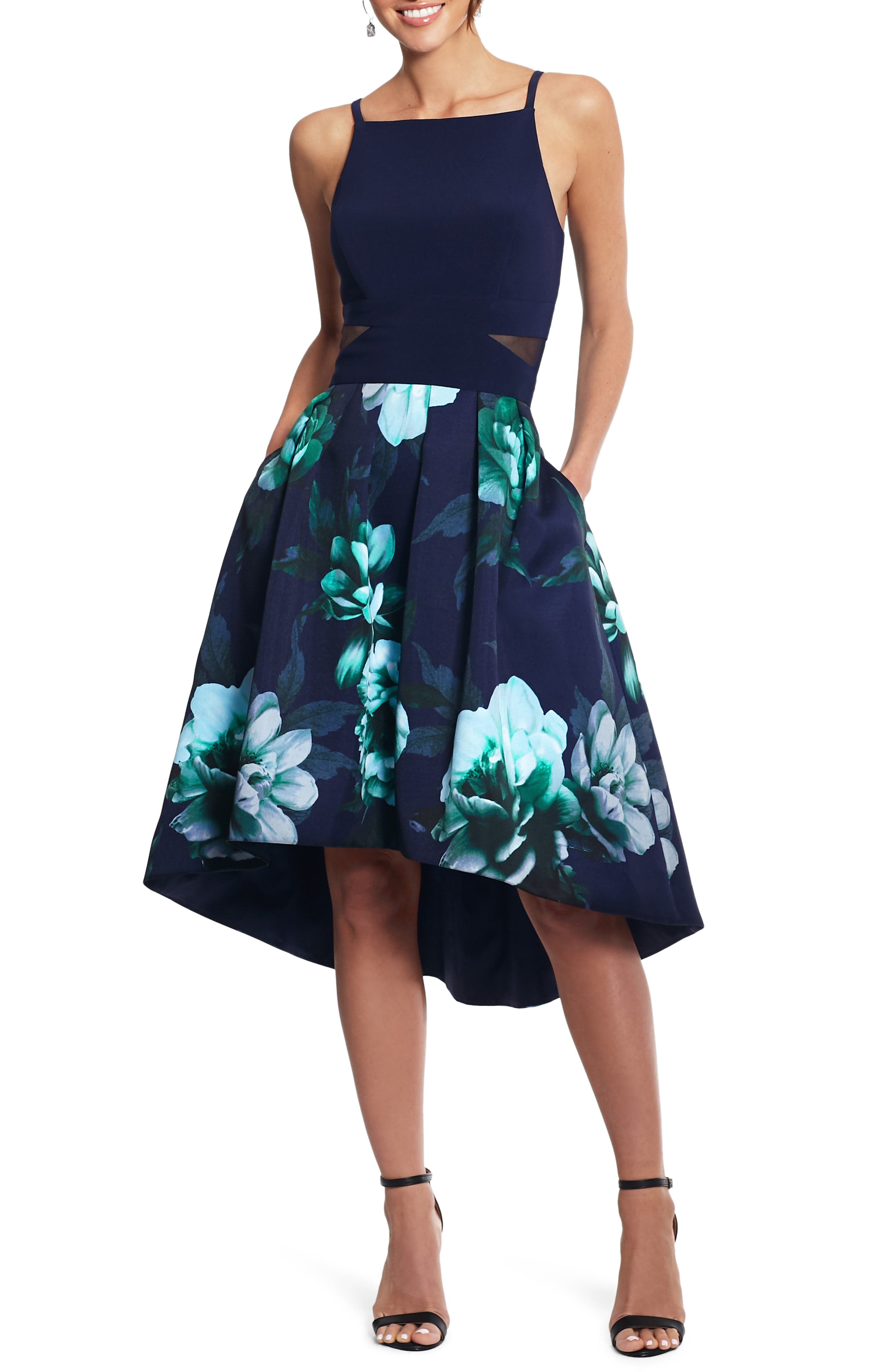 Xscape Floral High/low Cocktail Dress, Blue