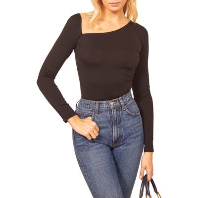 Reformation Les Asymmetrical Neck Long Sleeve Top, Black