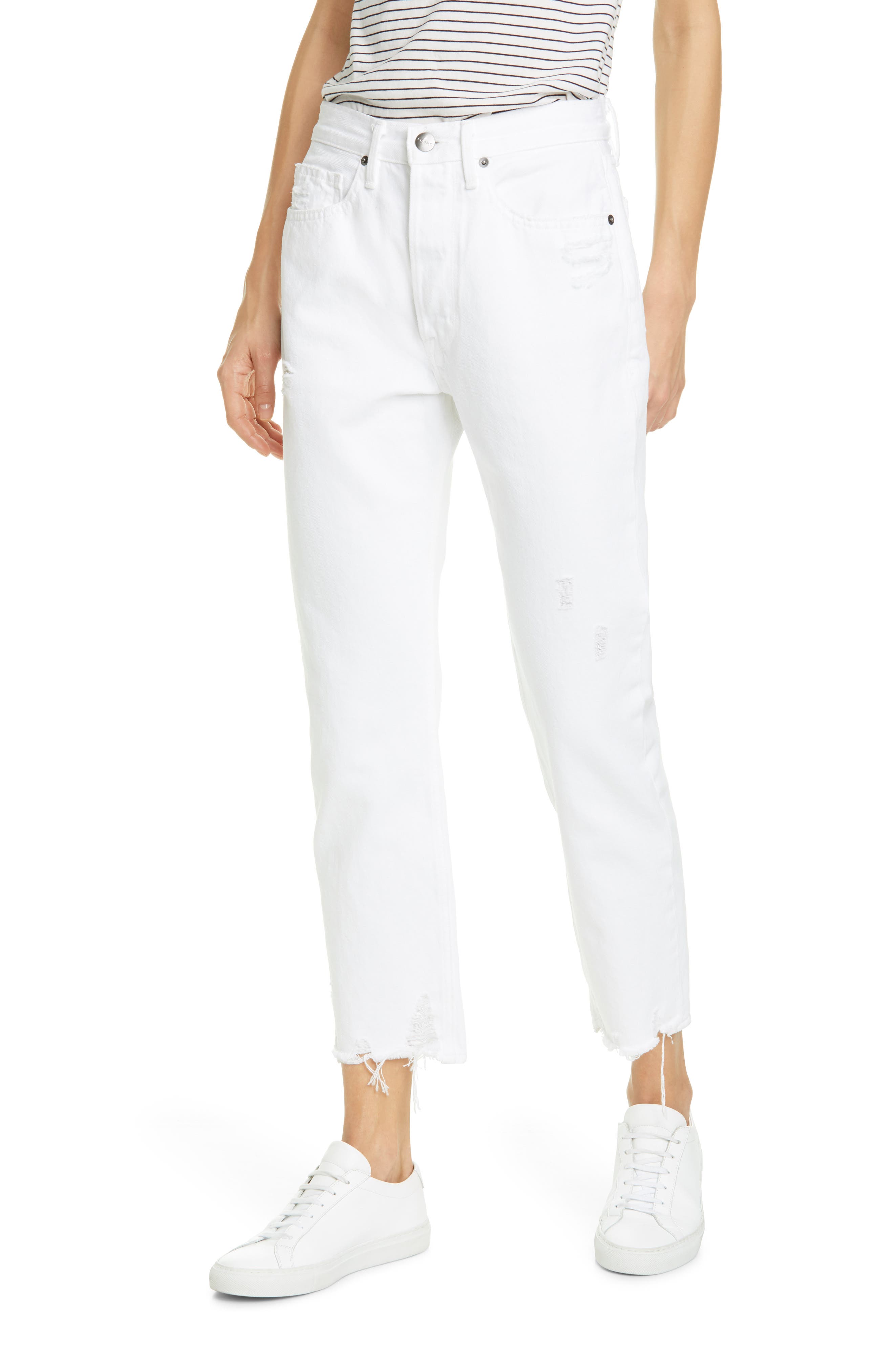 Frame Heritage Original Distressed High Waist Ankle Straight Leg Jeans In Blanc Rips