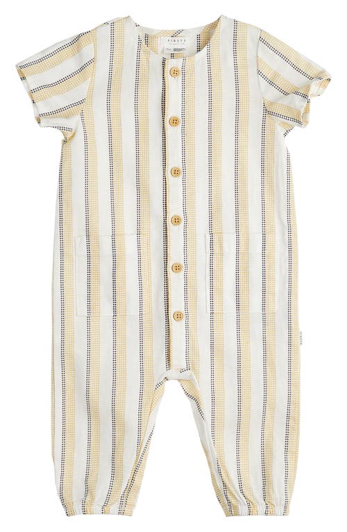 Petit Lem Stripe Linen & Cotton Button-Up Romper Yellow at Nordstrom,