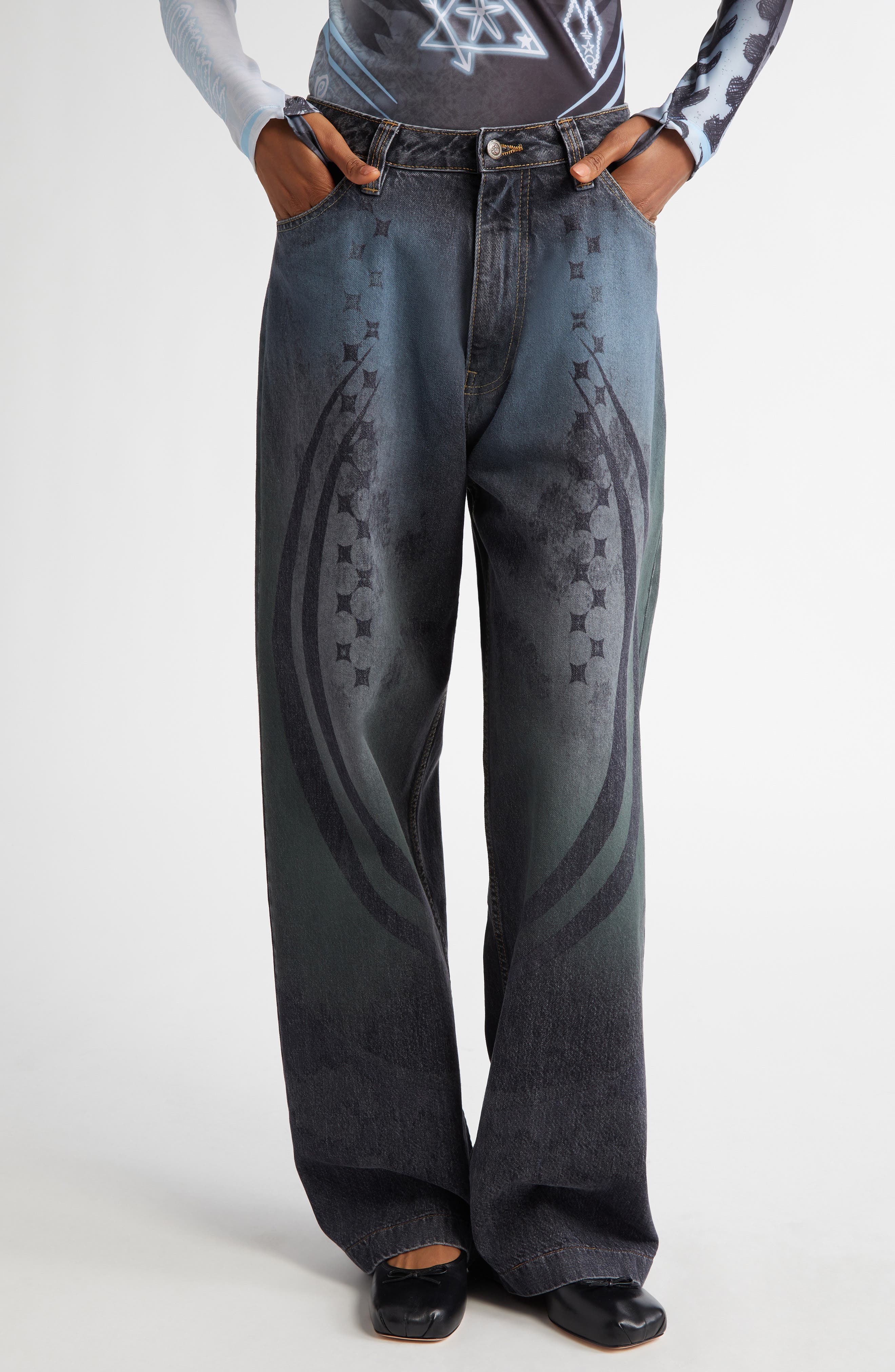 Paolina Russo Ice Printed Baggy Wide Leg Jeans in Ice /Black 