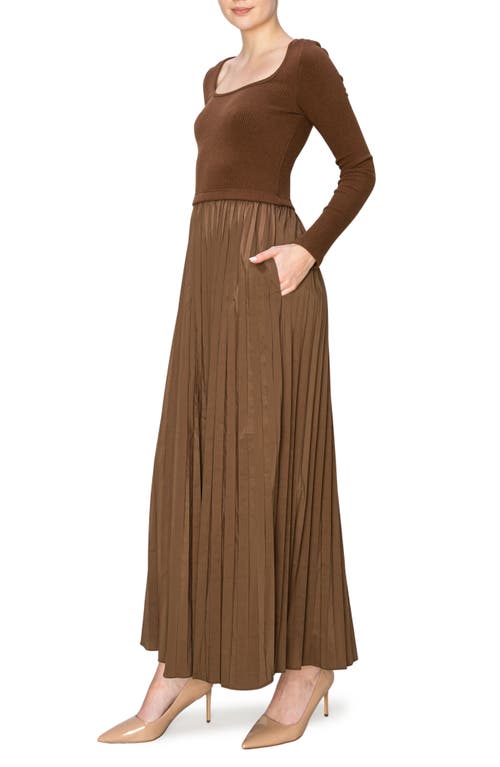 Shop Melloday Mixed Media Long Sleeve Dress In Brown