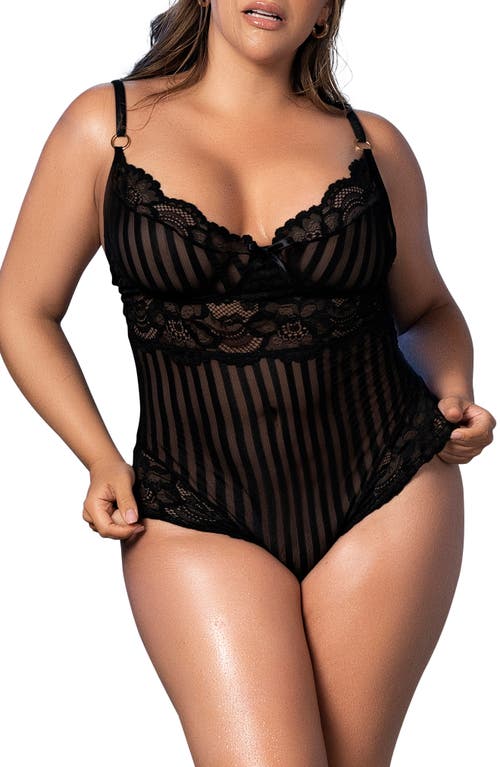 Floral & Stripe Lace Bodysuit in Black