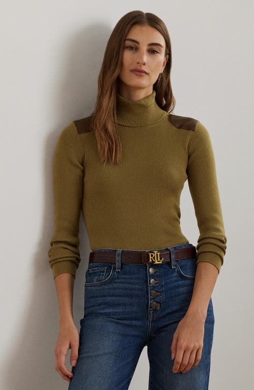 Shop Lauren Ralph Lauren Embellished Rib Cotton Blend Turtleneck Top In Honey Tan