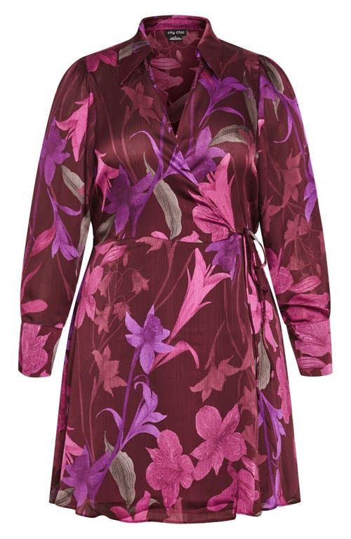 Shop City Chic Zelda Print Long Sleeve Wrap Dress In Lavish Lily