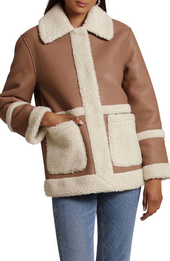 AVEC LES FILLES FAUX LEATHER SNAP COAT WITH FAUX SHEARLING TRIM