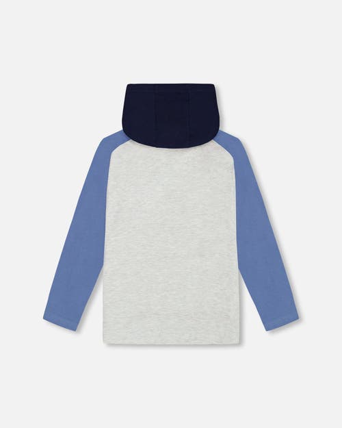 Shop Deux Par Deux Boy's Raglan Hooded T-shirt Gray Mix And Blue In Light Grey Mix