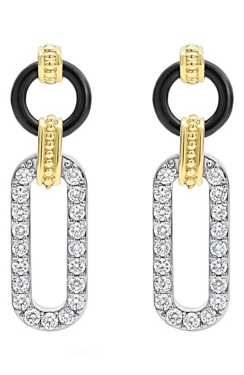 Lagos 18k Gold Signature Caviar Diamond & Black Ceramic Link Drop Earrings In Black