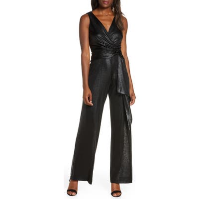 Taylor Dresses Metallic Stripe Tie Waist Jumpsuit, Black