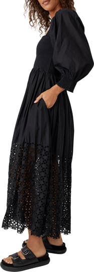 Perfect Storm Smocked Eyelet Long Sleeve Maxi Dress