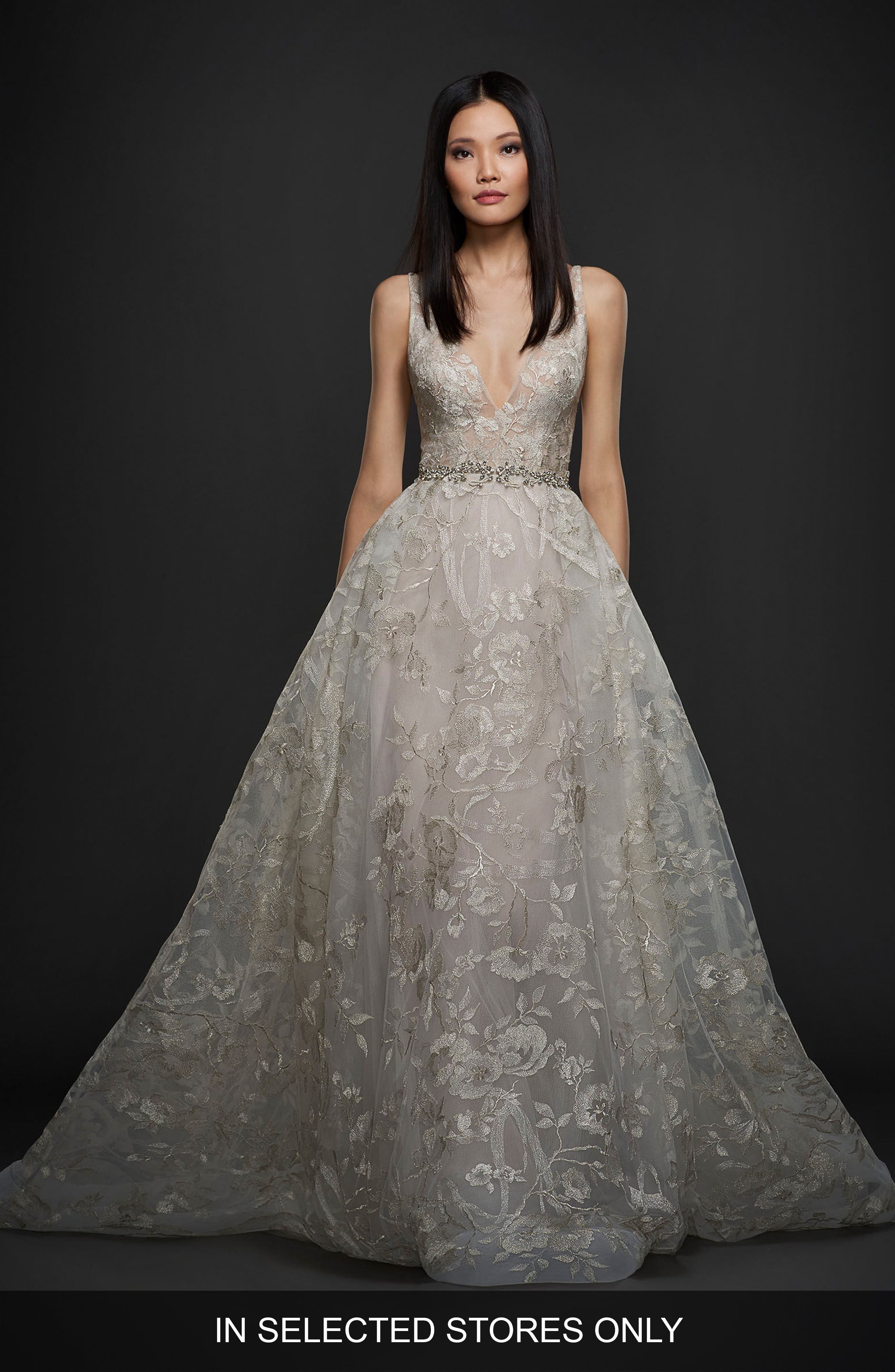 Lazaro Floral Embroidered Tulle & Chiffon Gown, Size IN STORE ONLY - White