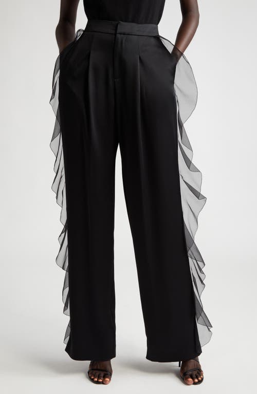 Cascade Ruffle Detail Satin Pants in Black