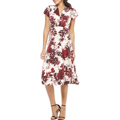 Maggy London Floral Print Flutter Sleeve Midi Dress, Burgundy