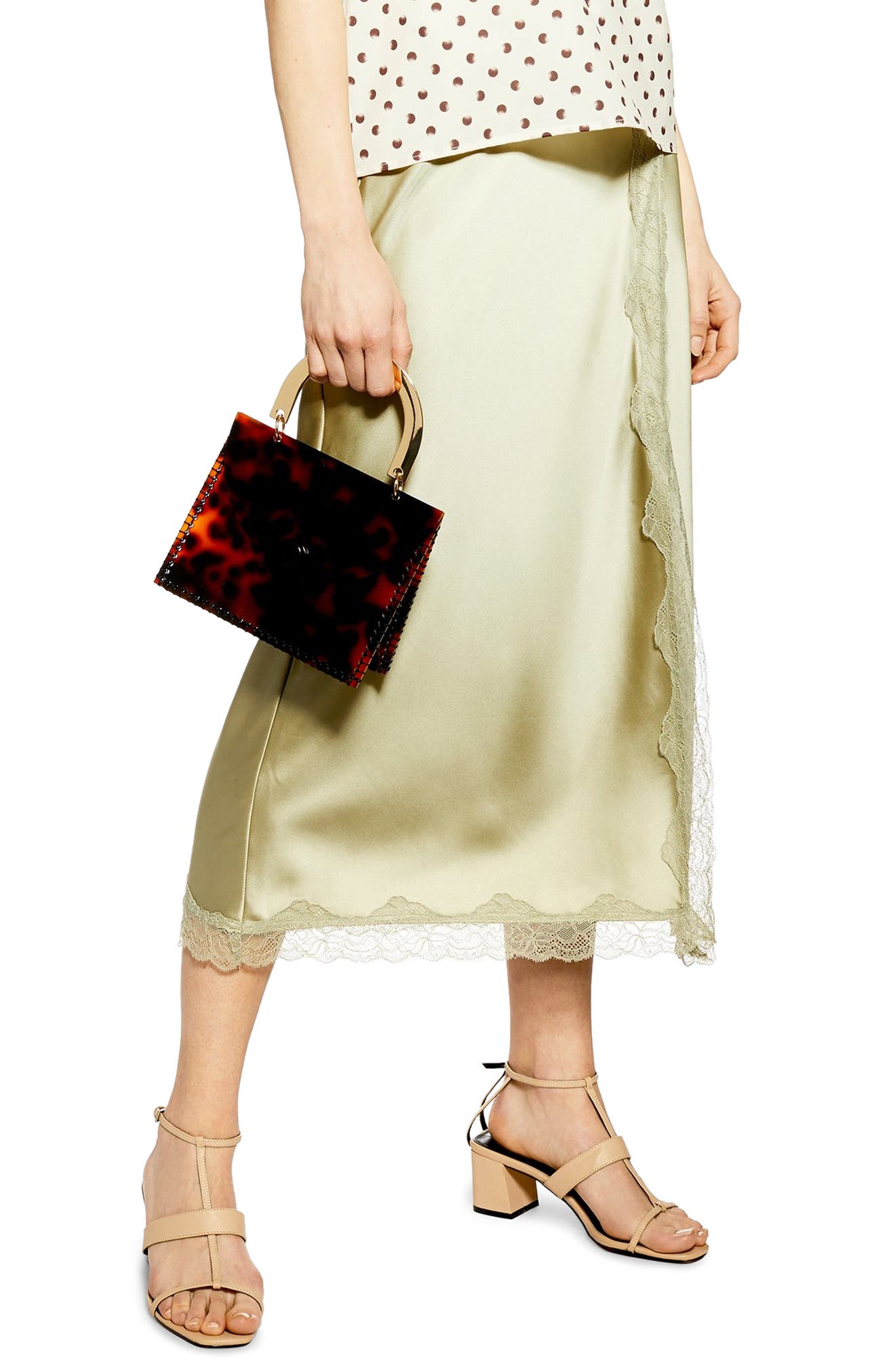 Topshop Lace Trim Satin Midi Skirt, US (fits like 0-2) - Green