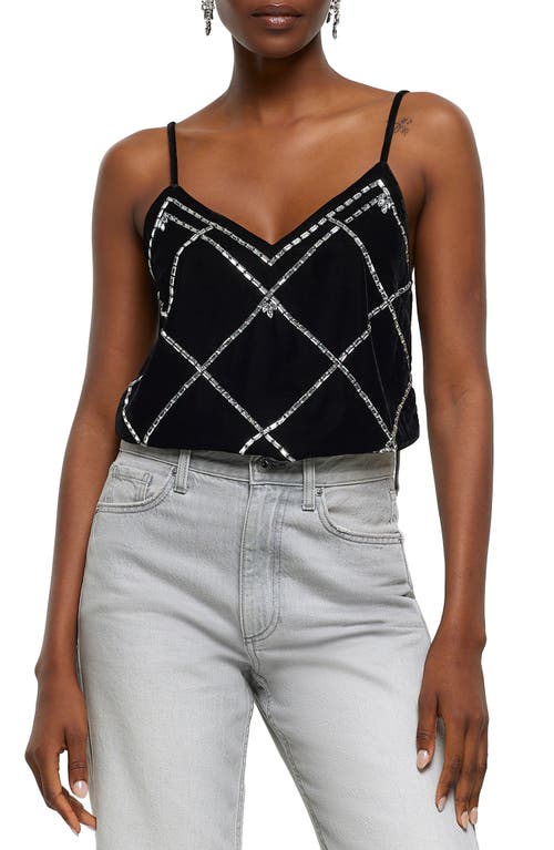 Crystal Embellished Velvet Camisole in Black