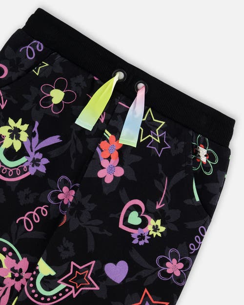 Shop Deux Par Deux Girl's Joggers Black Printed Rainbow Hearts In Printed Hearts & Rainbows