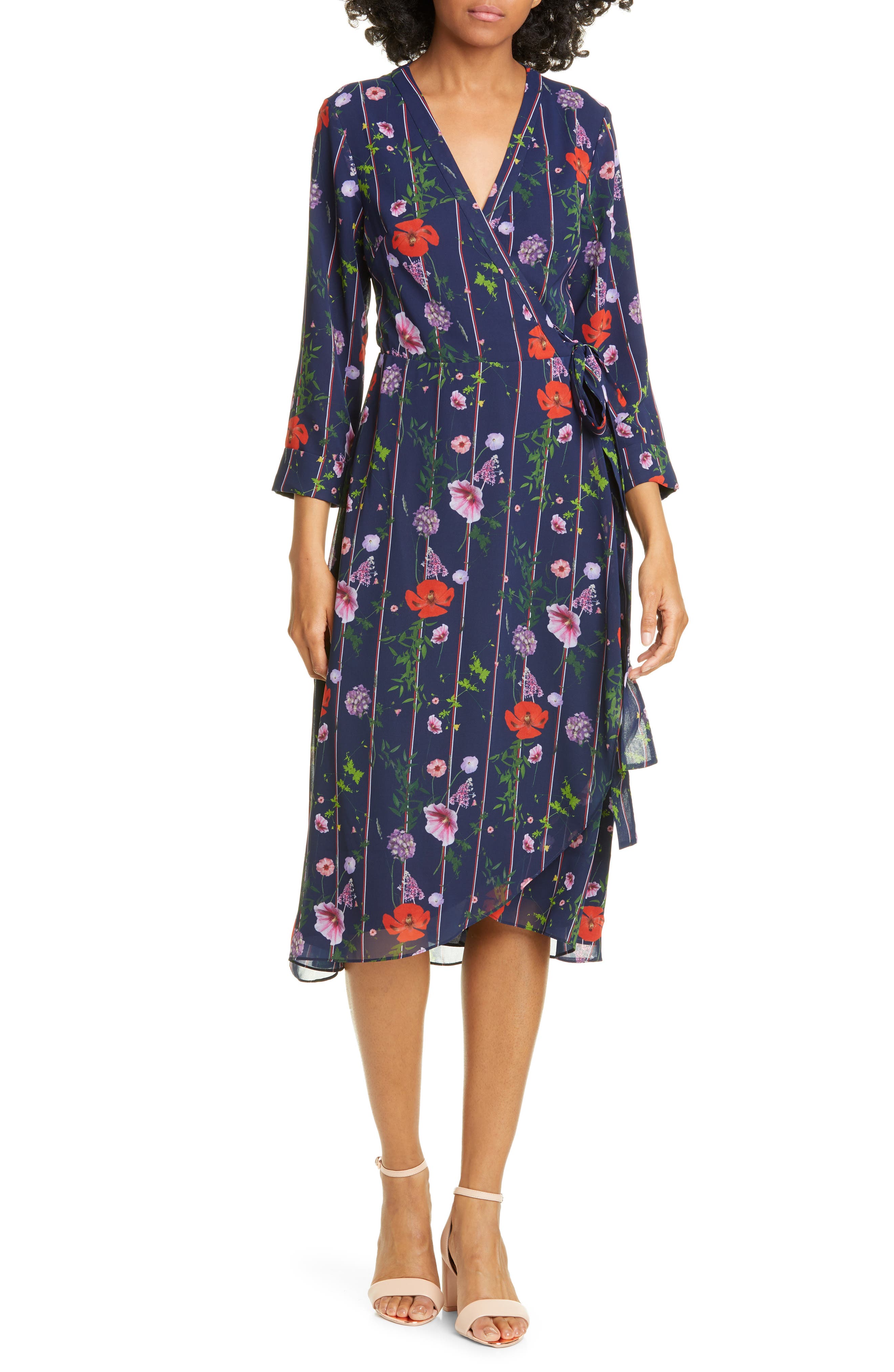Ted Baker London Hedgerow Floral Stripe Long Sleeve Wrap Dress, Blue