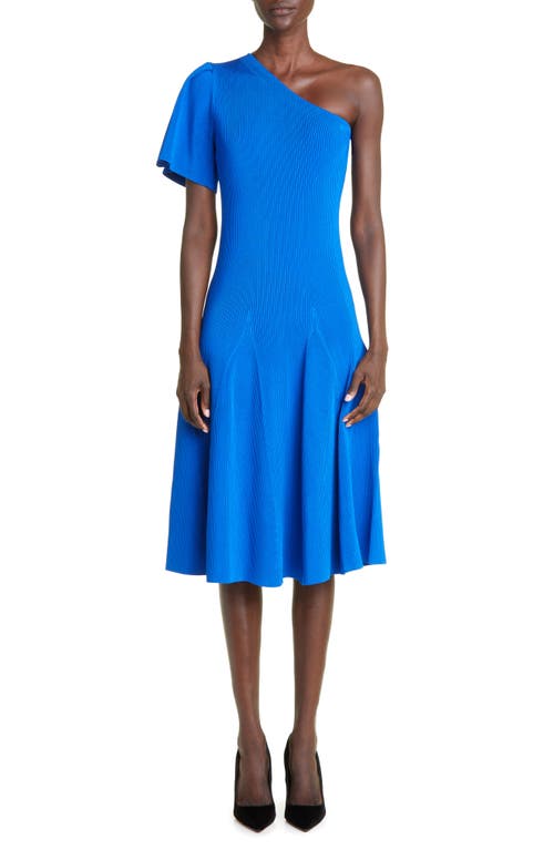 Carolina Herrera Flutter Sleeve One-Shoulder Knit Midi Dress in Cobalt