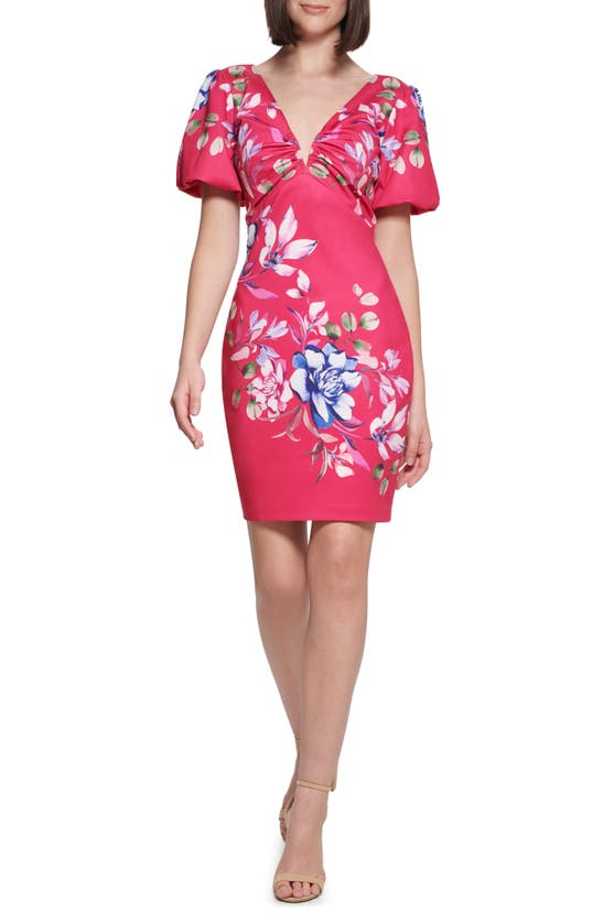 Guess Floral Puff Sleeve Sheath Dress In Multi