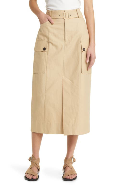 Cyrus Belted Cotton & Linen Midi Skirt in Khaki
