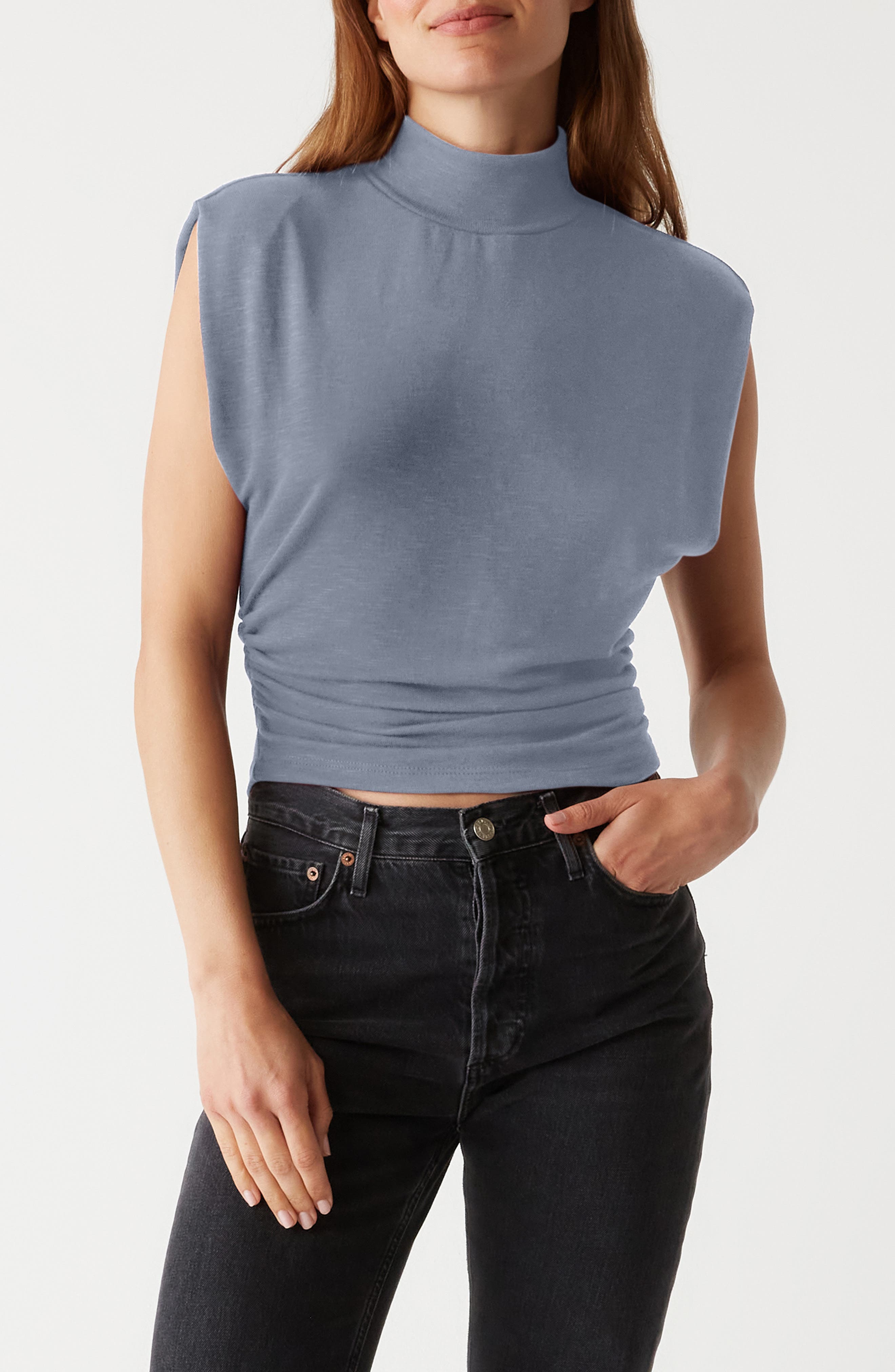 Michael Stars Tina Mock Neck Knit Crop Top in Heather Nocturnal 