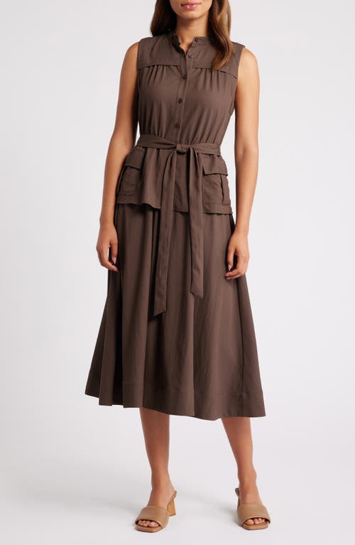 Mila Mae Tie Belt Sleeveless Midi Dress in Brown 