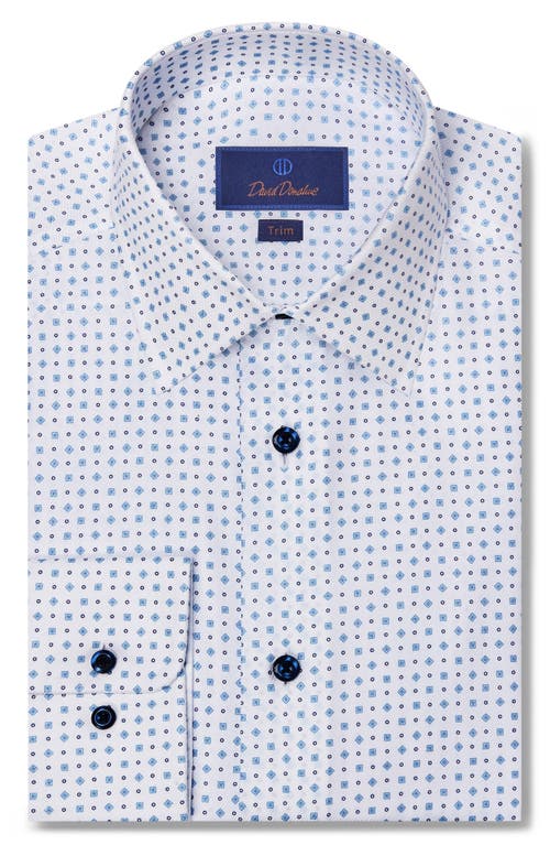 David Donahue Trim Fit Tossed Geometric Print Dress Shirt White/Sky at Nordstrom,