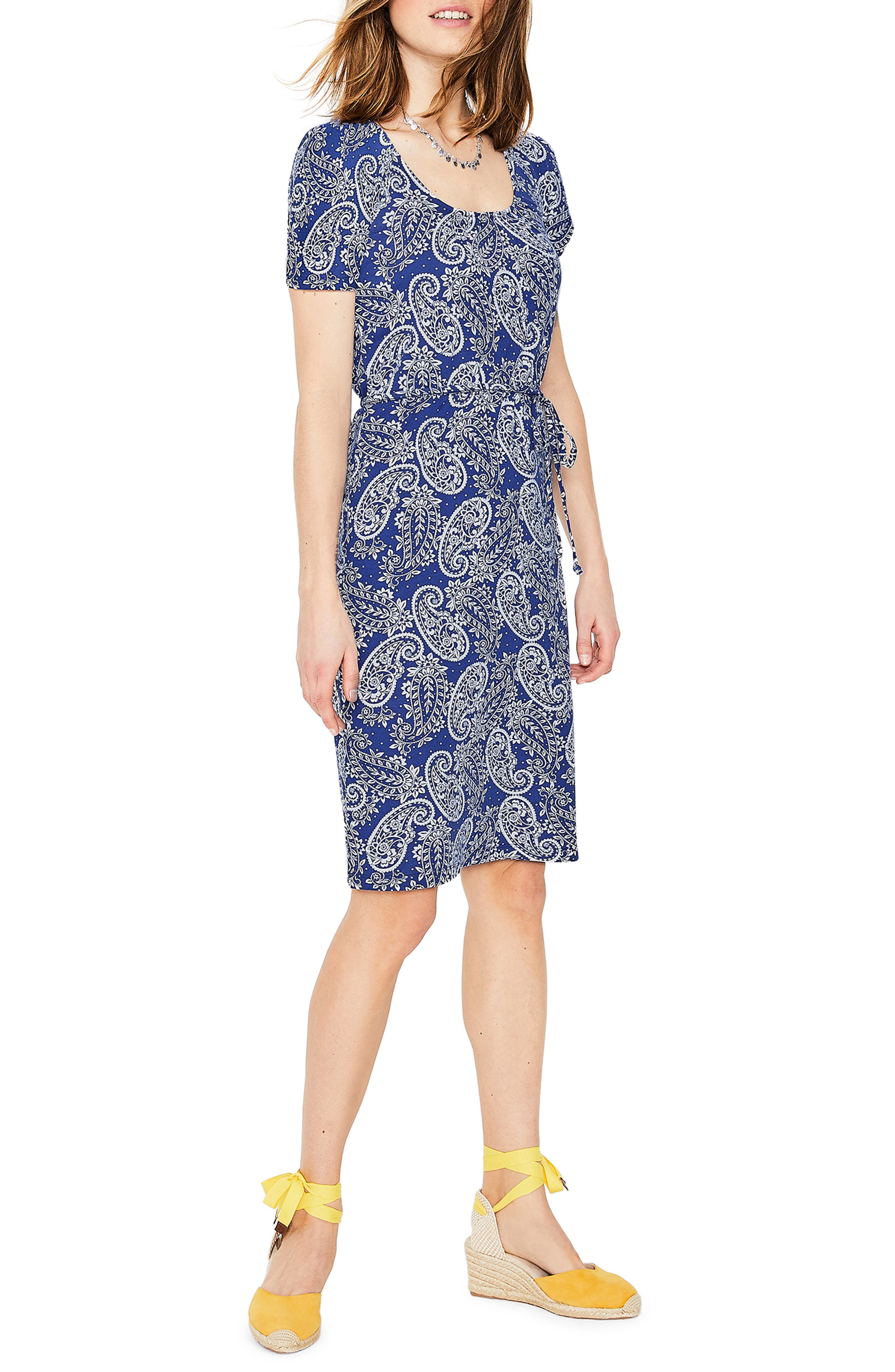 Boden Elspeth Paisley Cotton Blend Jersey Dress, Blue