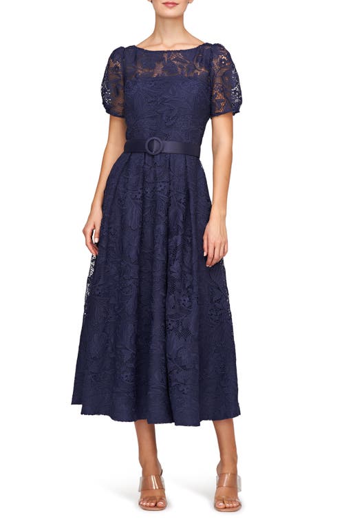 Shop Kay Unger Haisley Belted Lace Cocktail Dress In Dark Twilight