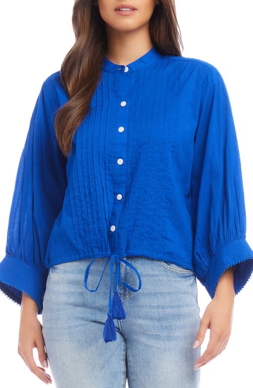 Shop Karen Kane Pintuck Pleat Cotton Button-up Shirt In Blue