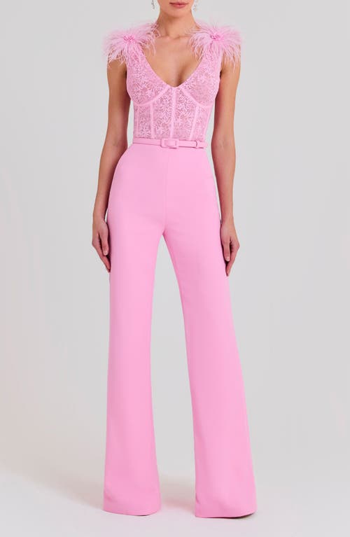Ostrich Feather Lace Bodice Belted Jumpsuit in Light/pastel Pink