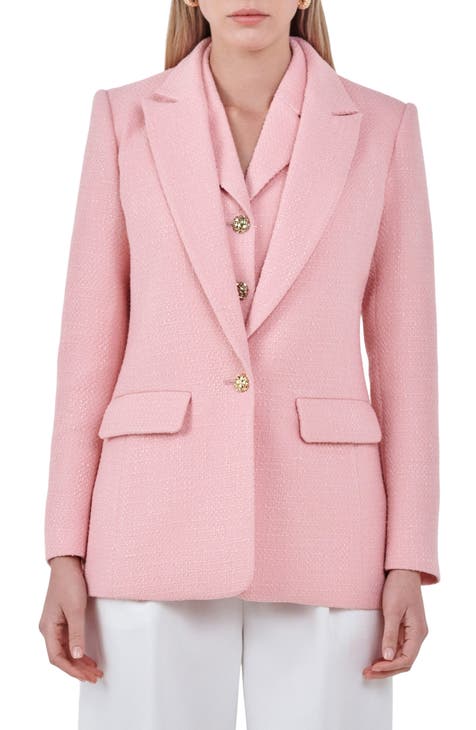 Women Formal Blue Pink Linen Single Button Tailored Blazer
