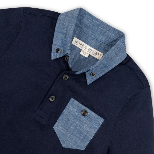 Shop Hope & Henry Baby Boys' Organic Jersey Polo With Chambray, Infant In Navy With Chambray Trim