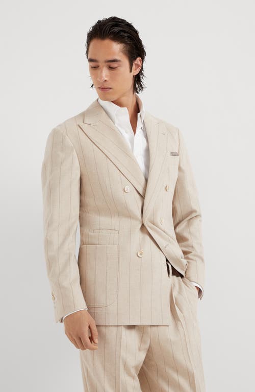 Shop Brunello Cucinelli Wool And Cashmere Wide Chalk Stripe Combed Flannel One-and-a-half Breasted Decons In Sand