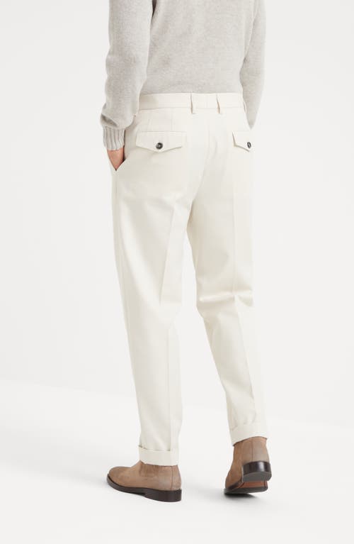 Shop Brunello Cucinelli Cotton And Virgin Wool Gabardine Leisure Fit Trousers With Double Pleats And Tabb In Off-white