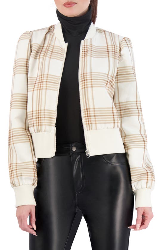 Shop Ookie & Lala Plaid Satin Bomber Jacket In Cream