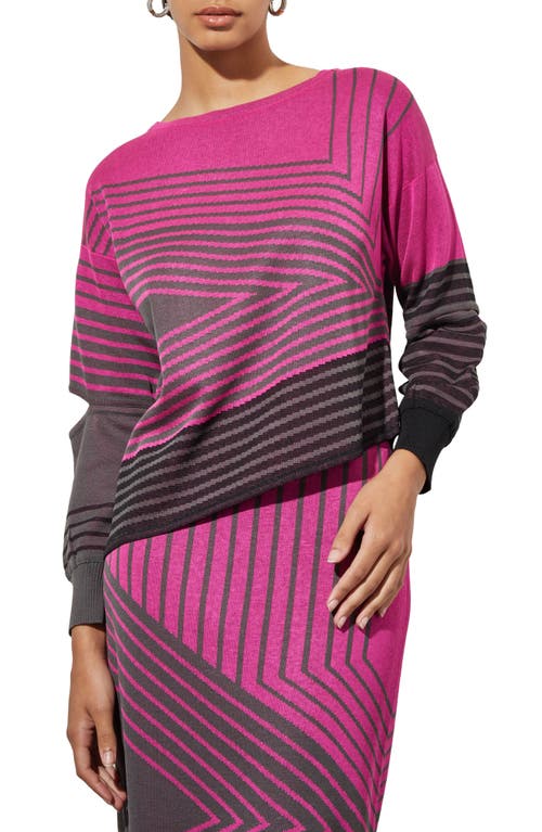 Ming Wang Stripe Asymmetric Split Sleeve Sweater in Mulberry/Grey/Black at Nordstrom, Size X-Large