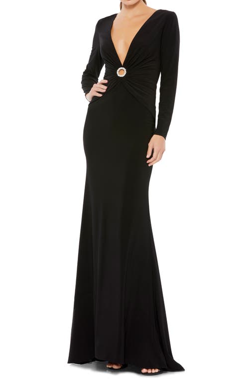 Mac Duggal Plunge Neck Keyhole Long Sleeve Jersey Gown in Black