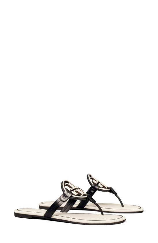 Tory Burch Miller Metal Logo Leather Sandal In Perfect Black / New Ivory |  ModeSens