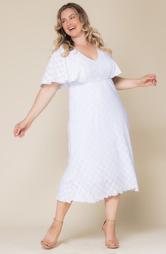 Kiyonna Lucy Short Sleeve Eyelet Midi Dress In White