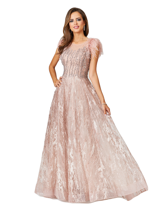 Shop Lara New York Lace Ballgown With Feather Cap Sleeves In Blush