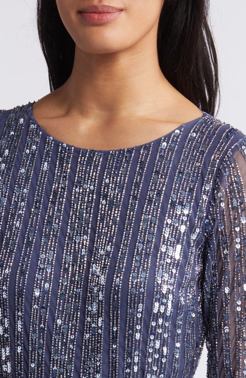 Pisarro Nights Bow Long Sleeve Sequin & Taffeta Gown In Denim