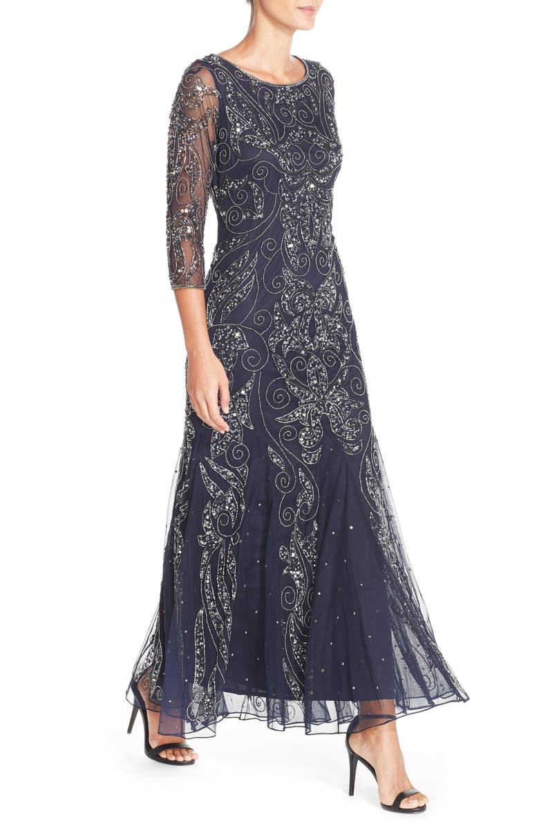 Downton Abbey Inspired Dresses Womens Pisarro Nights Embellished Mesh Gown Size 12 - Blue $218.00 AT vintagedancer.com