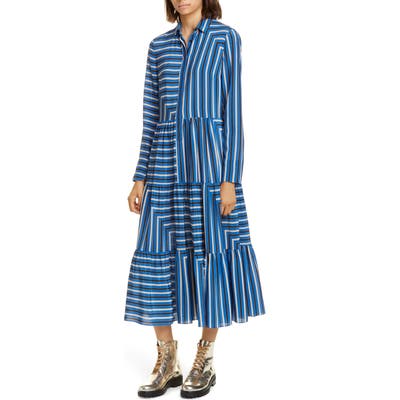 Akris Punto Square Stripe Print Silk Long Sleeve Maxi Dress, Blue