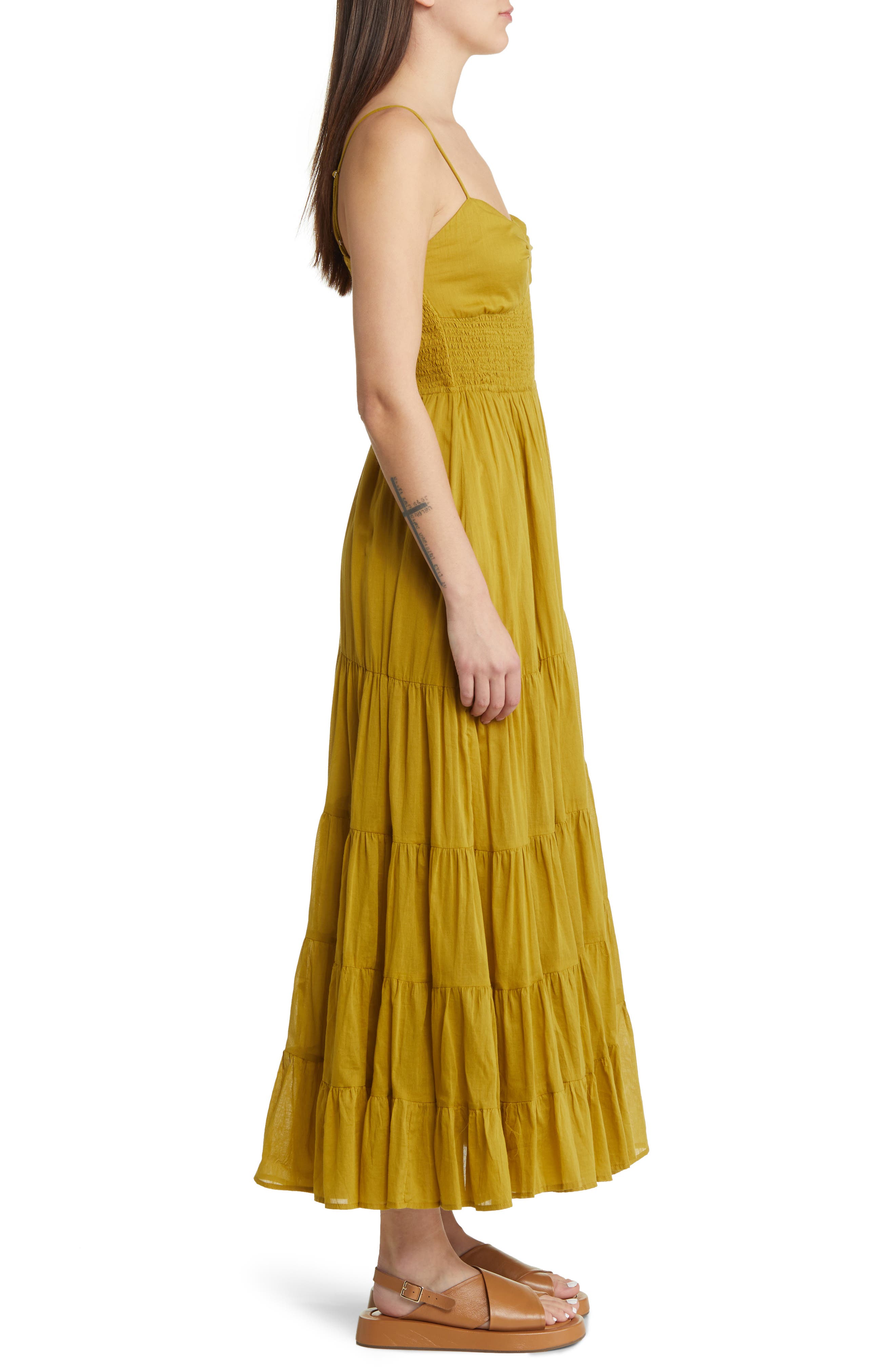 Free People Sundrenched Smocked Waist Tiered Cotton Maxi Dress in Bitter Oil | Smart Closet Free People Sundrenched Smocked Waist Tiered Cotton Maxi Dress in Bitter Oil | Smart Closet